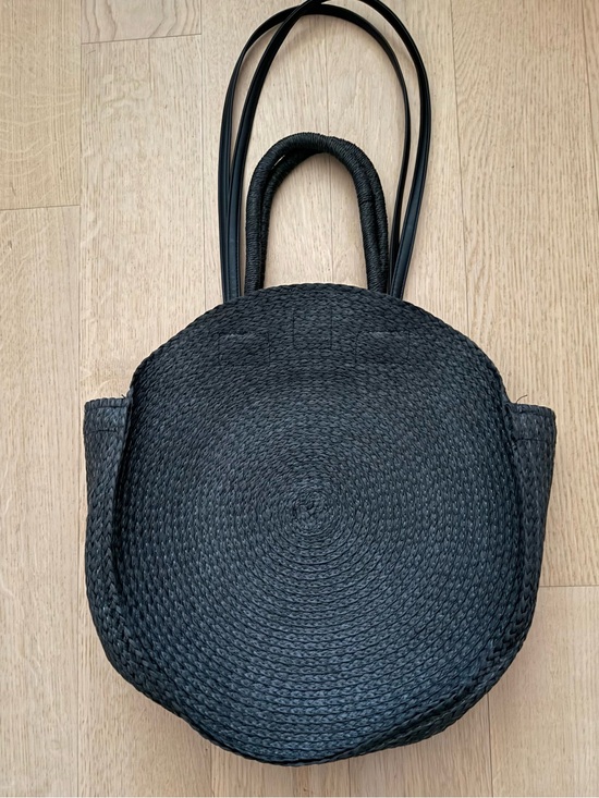 Handbags - Vintage Black Raffia Circle Woven Tote with double shoulder straps Beach Bag EUC